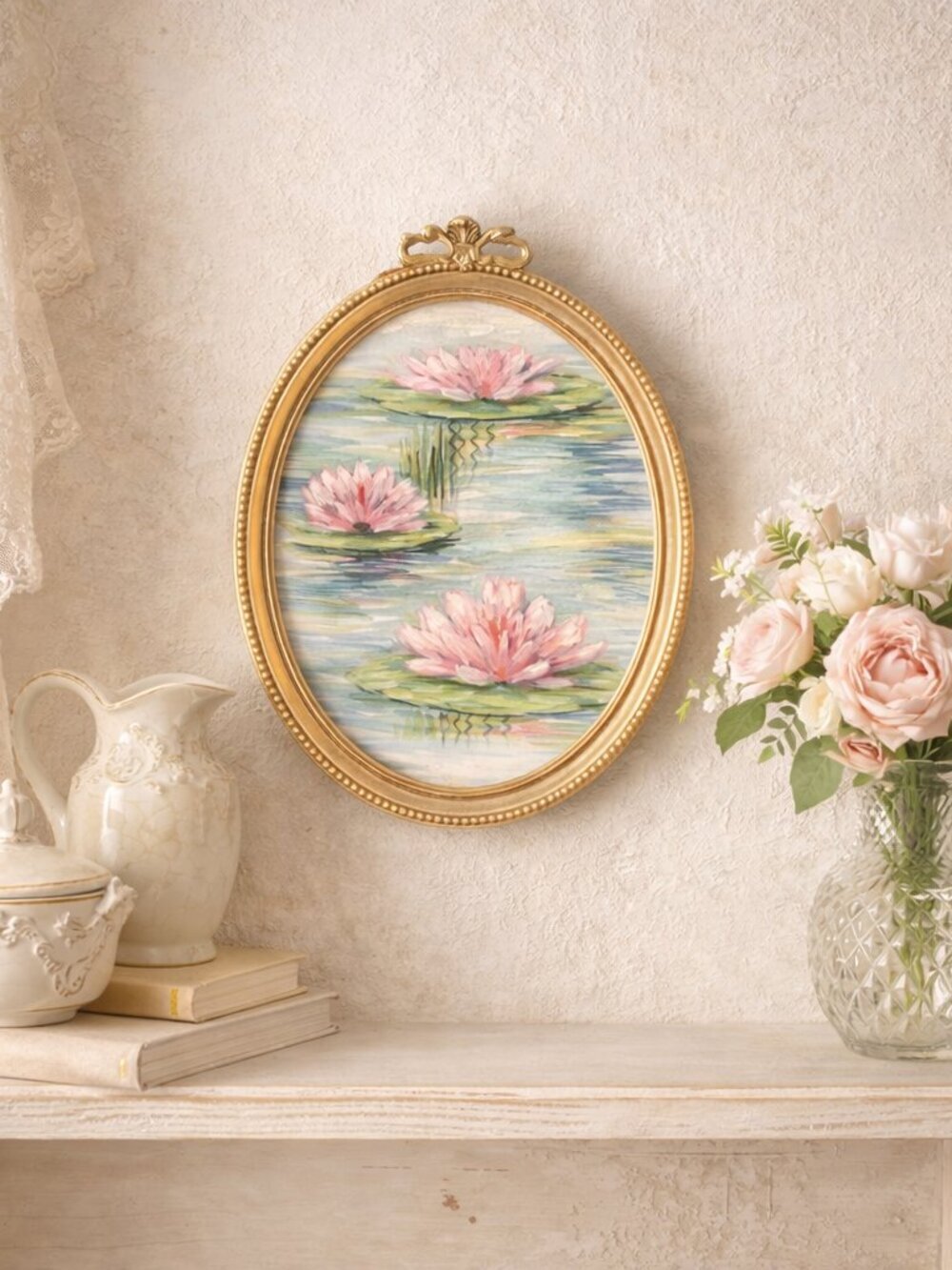 French Country Water Lily Print Impressionist Floral Wall Art Pink Pond Painting